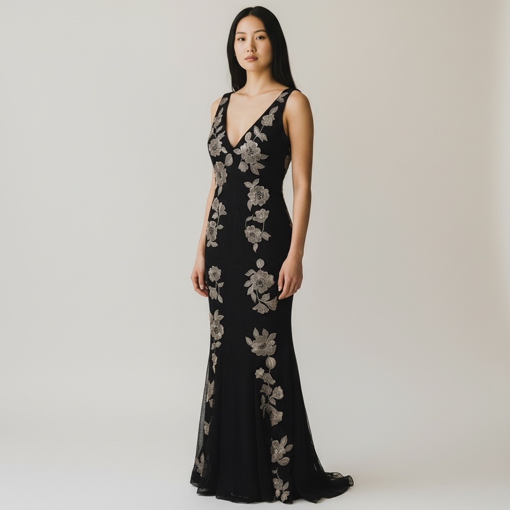 Betsy & Adam Floral Lace Mermaid Gown Black